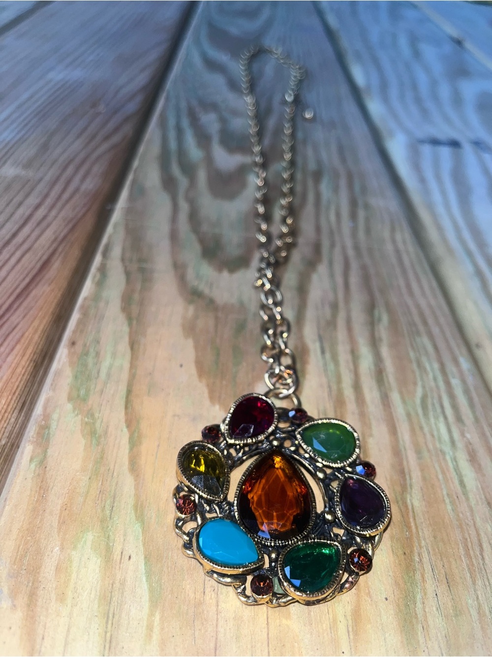 Vintage Gold Tone Multi Stone Statement Pendant necklace